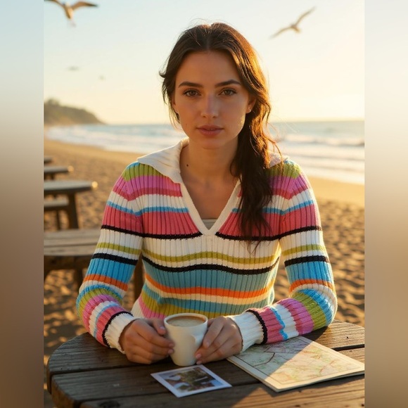 Tommy Hilfiger Stripped V Neck Collard Cozy Sweater Women Size Medium - Picture 2 of 12